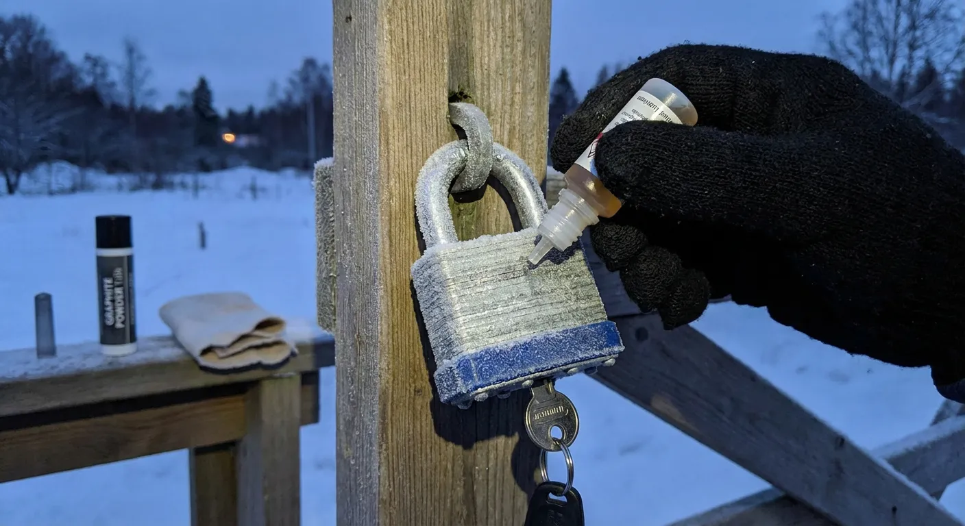 Detailní pohled na zamrzlý zámek dveří v zimě