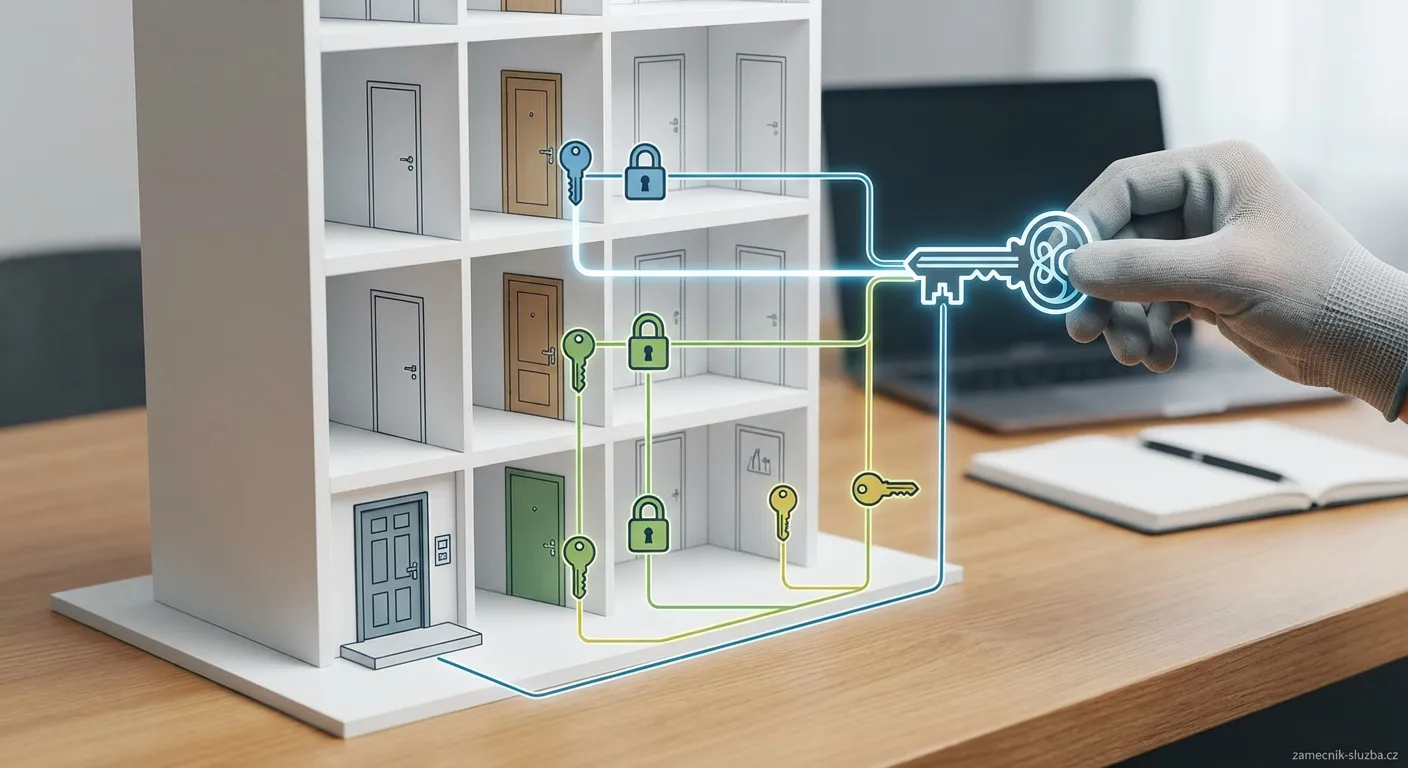 Ruka držící jeden klíč před moderním bytovým domem