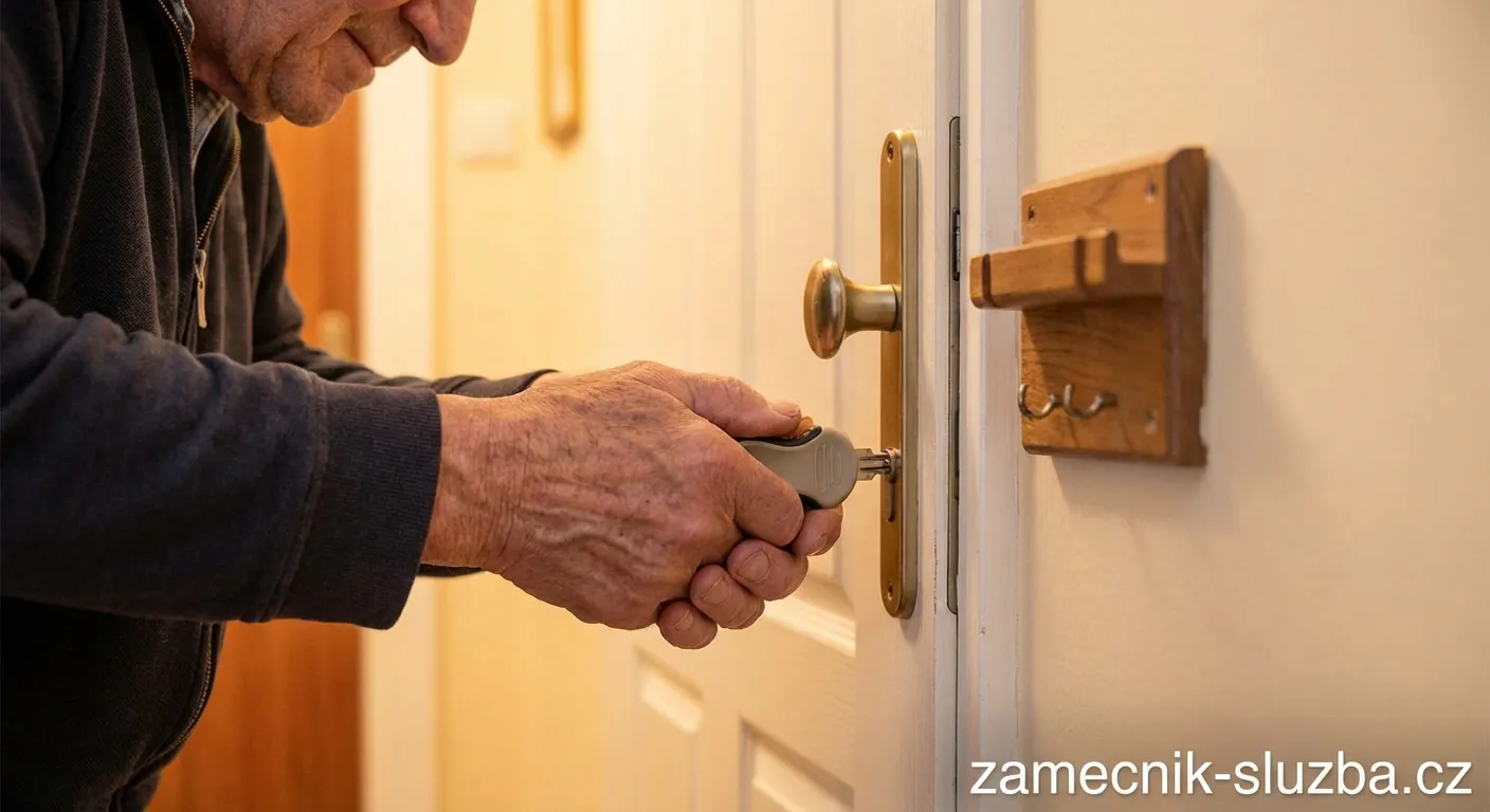 Senior používající plastový nástavec na klíč pro snadnější odemykání dveří