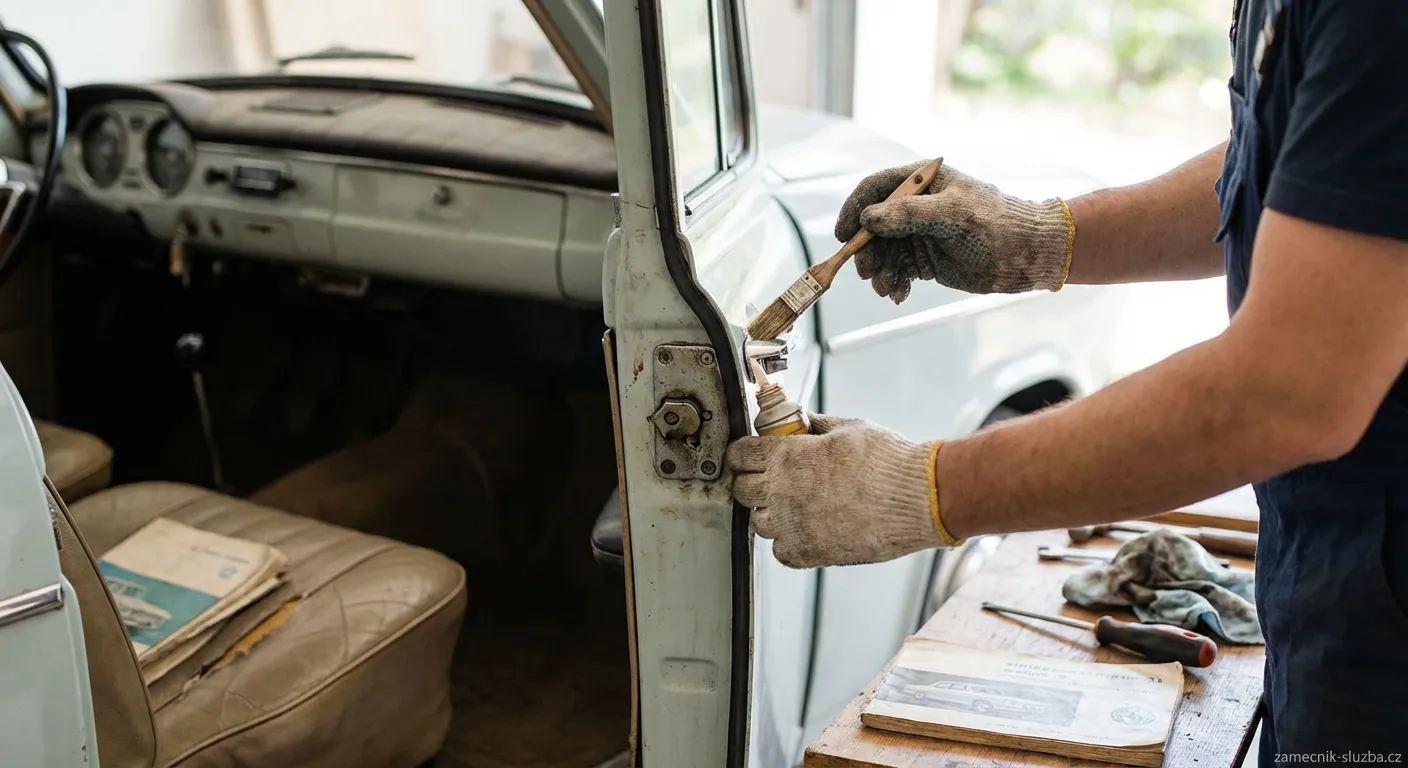 Muž provádějící údržbu zámku na dveřích veterána pomocí speciálního nářadí