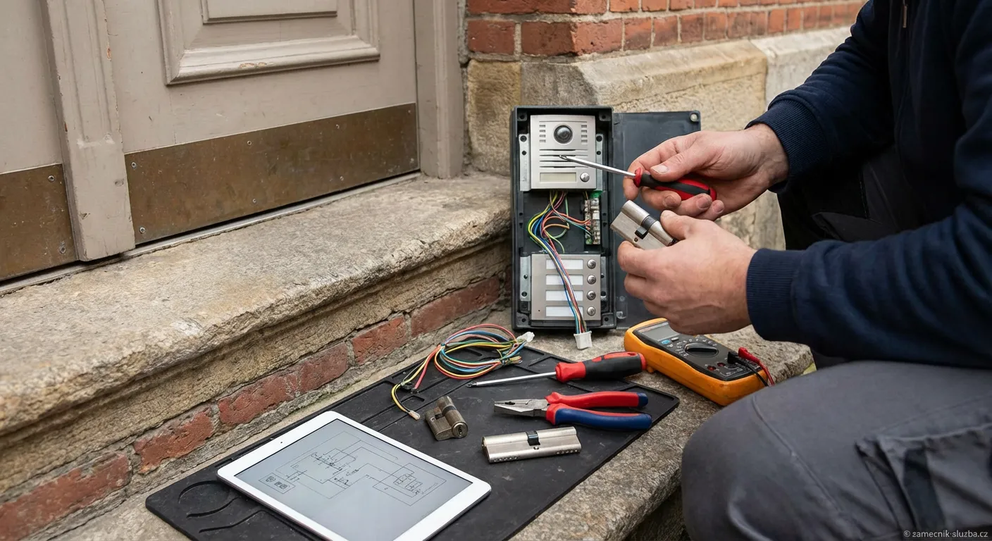 Výměna zámku u dveří s interkomem detailní pohled